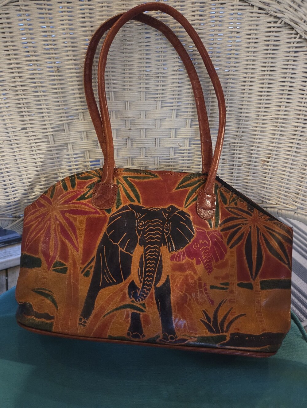 Vintage MTC 1992 Elephant Motif Leather Tote Bag